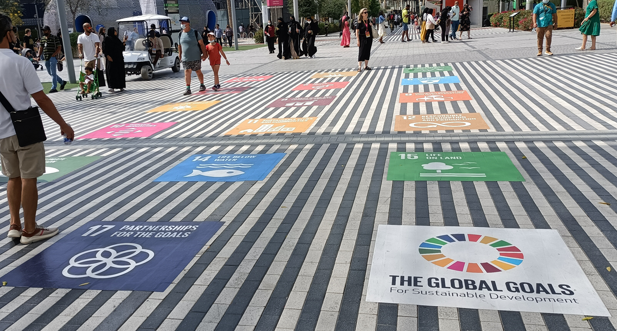 A picture of the ground with the Sustainability Goals at the Expo 2020 in Dubai.