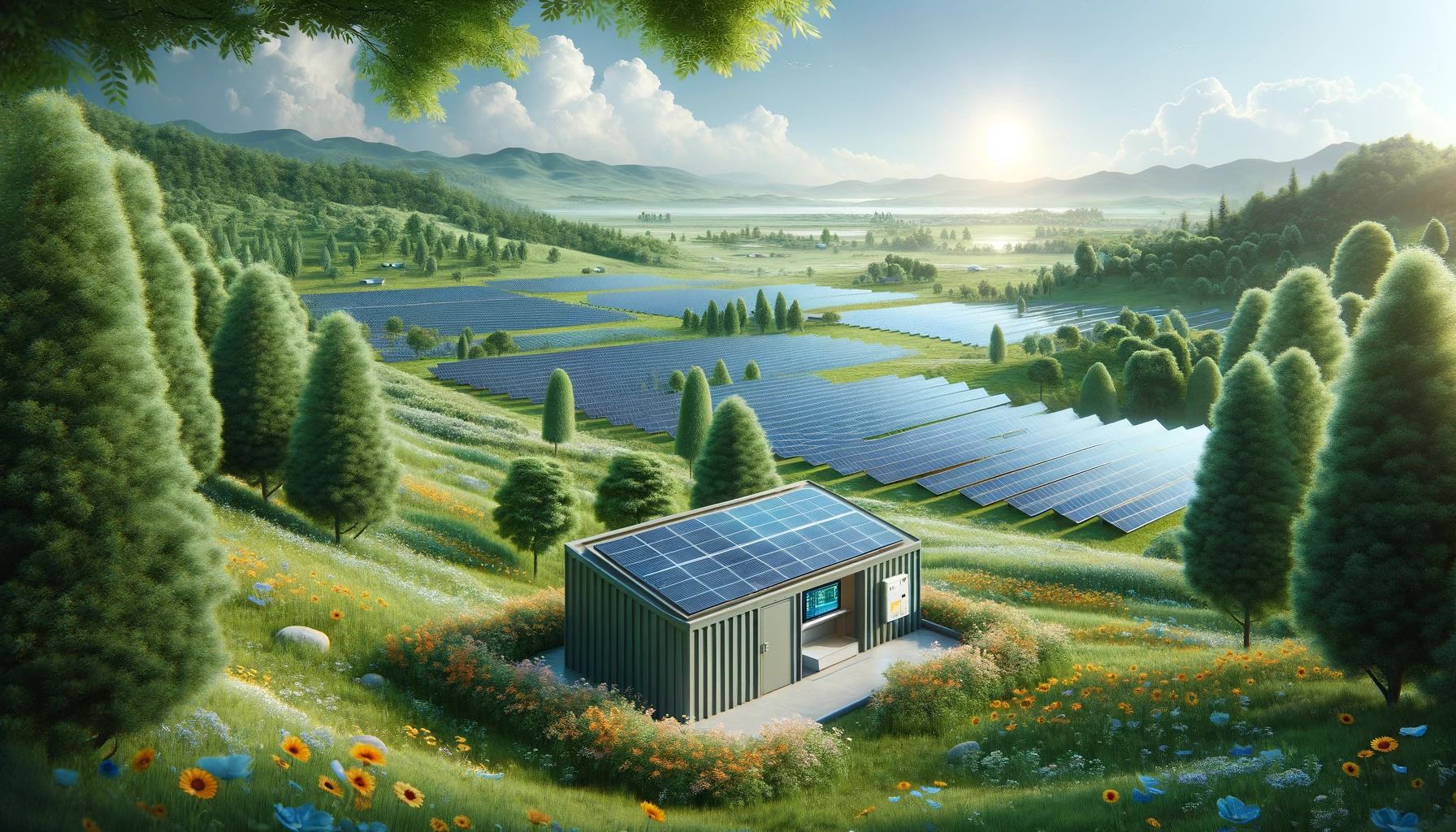 Realistic depiction of a lush green solar energy landscape with integrated solar panels, surrounded by trees and flowers under clear blue skies, featuring a sustainable, eco-friendly control center in the background.